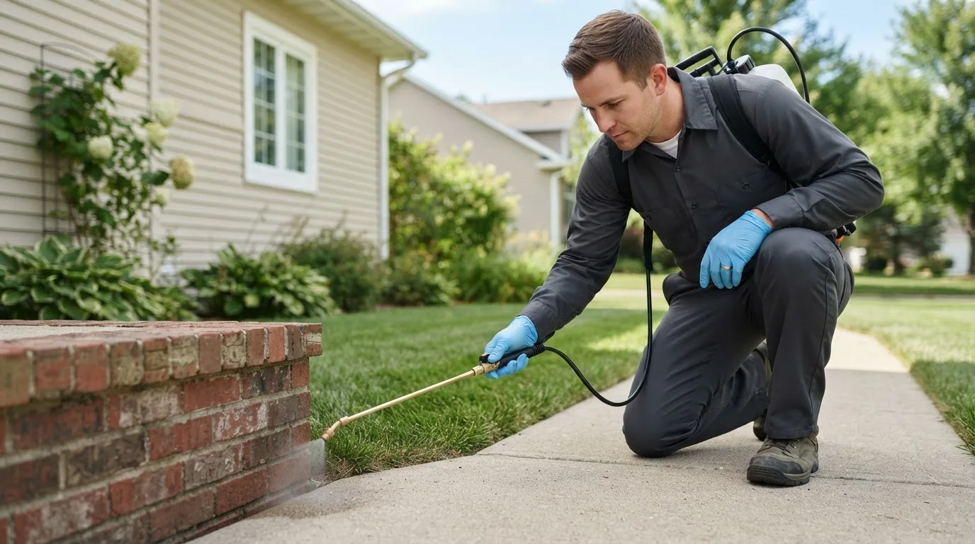 Pest control technician treating a home near Jamestown, VA